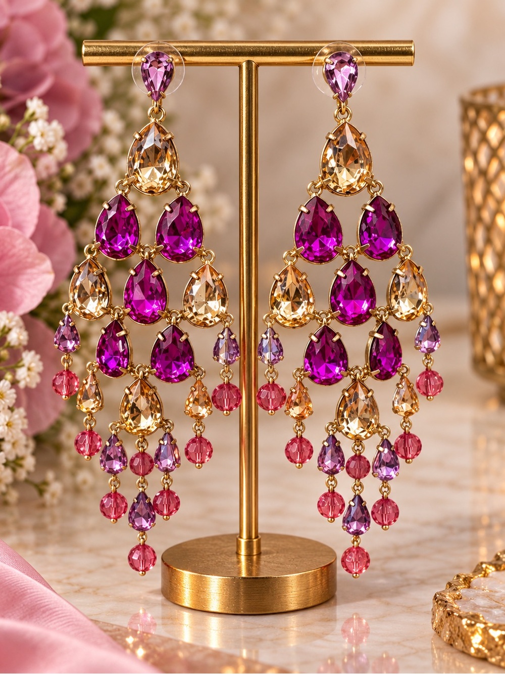 Gold-Tone Purple & Pink Teardrop Chandelier Earrings - Unbranded